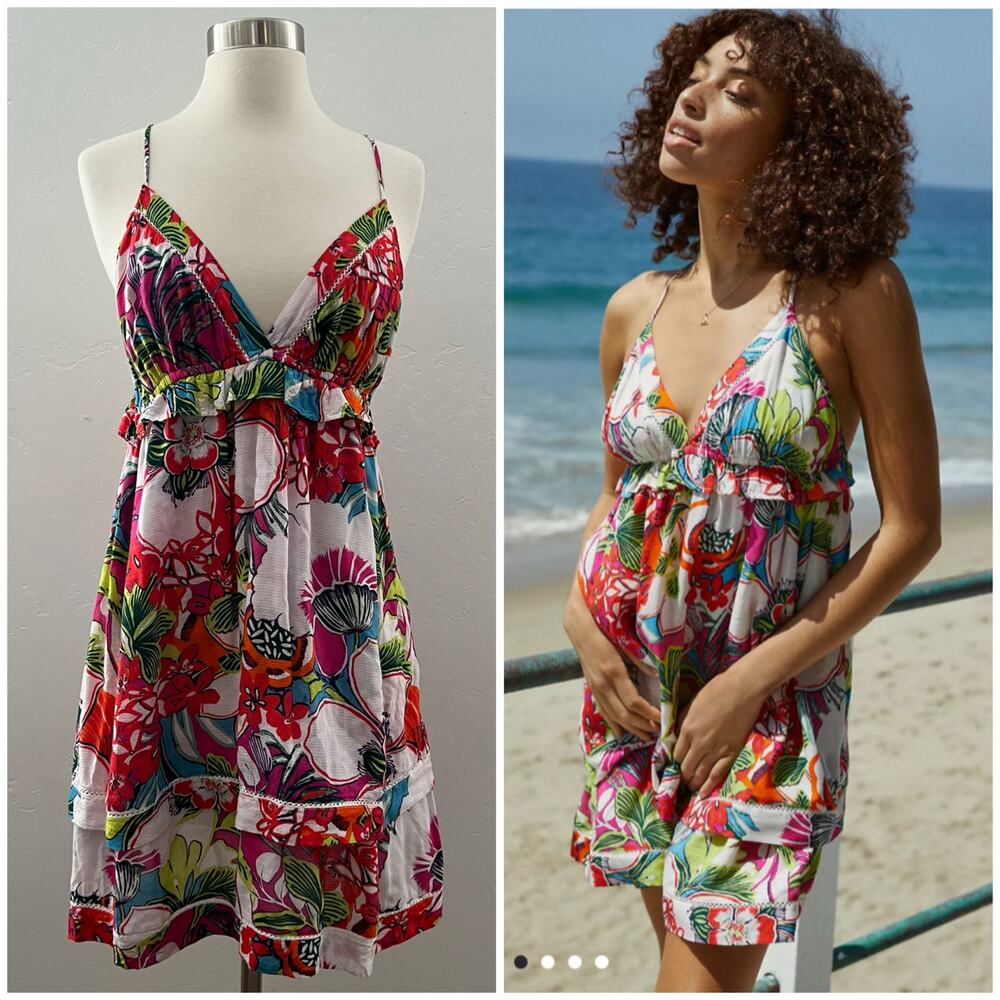 Anthropologie The Willow Mini Dress Medium Babydoll Floral Tropical Colorful